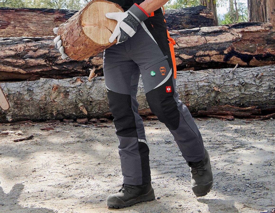 Main action image e.s. Forestry cut protection trousers, KWF grey/high-vis orange